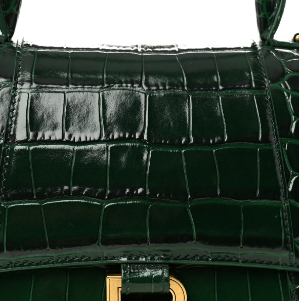 Shiny Calfskin Crocodile Embossed Small Hourglass Top Handle Bag Forest Green