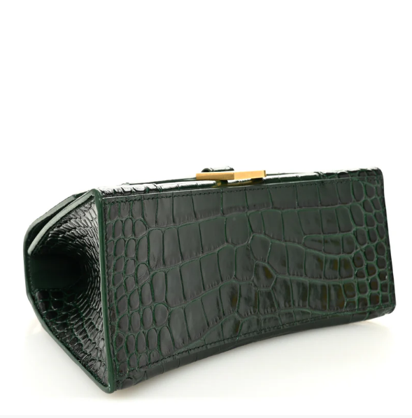 Shiny Calfskin Crocodile Embossed Small Hourglass Top Handle Bag Forest Green
