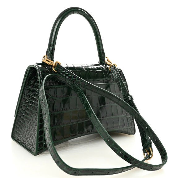 Shiny Calfskin Crocodile Embossed Small Hourglass Top Handle Bag Forest Green
