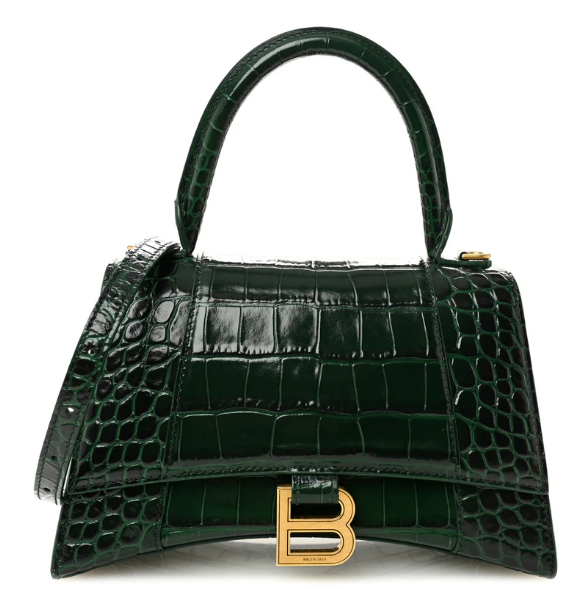 Shiny Calfskin Crocodile Embossed Small Hourglass Top Handle Bag Forest Green
